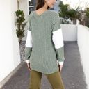 Green Large Color Block Ribbed Knit Top with Button Detail and V-Neckline