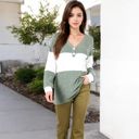 Green Large Color Block Ribbed Knit Top with Button Detail and V-Neckline