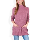  Ribbed Knit Turtleneck Tunic Sweater with Front Pockets