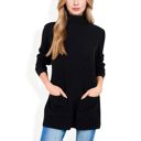 Black Large Ribbed Knit Turtleneck Tunic Sweater with Front Pockets