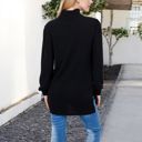 Black Small Ribbed Knit Turtleneck Tunic Sweater with Front Pockets