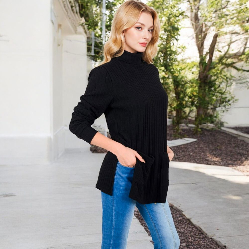 Ribbed Knit Turtleneck Tunic Sweater with Front Pockets