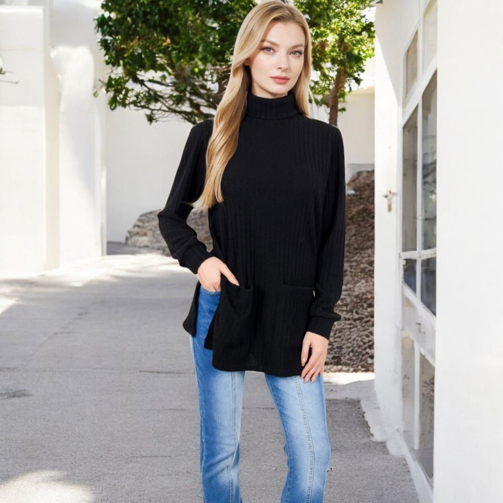 Ribbed Knit Turtleneck Tunic Sweater with Front Pockets