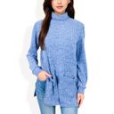 Blue Large Ribbed Knit Turtleneck Tunic Sweater with Front Pockets