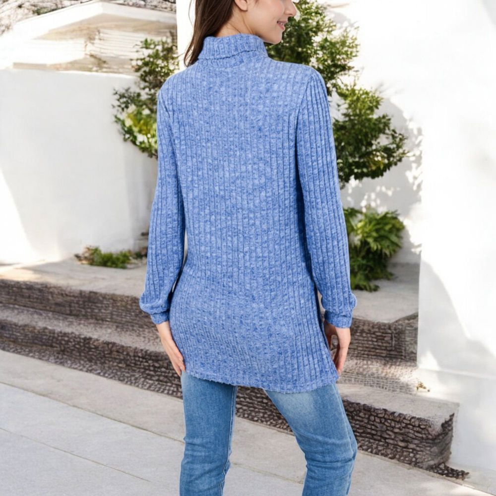 Ribbed Knit Turtleneck Tunic Sweater with Front Pockets