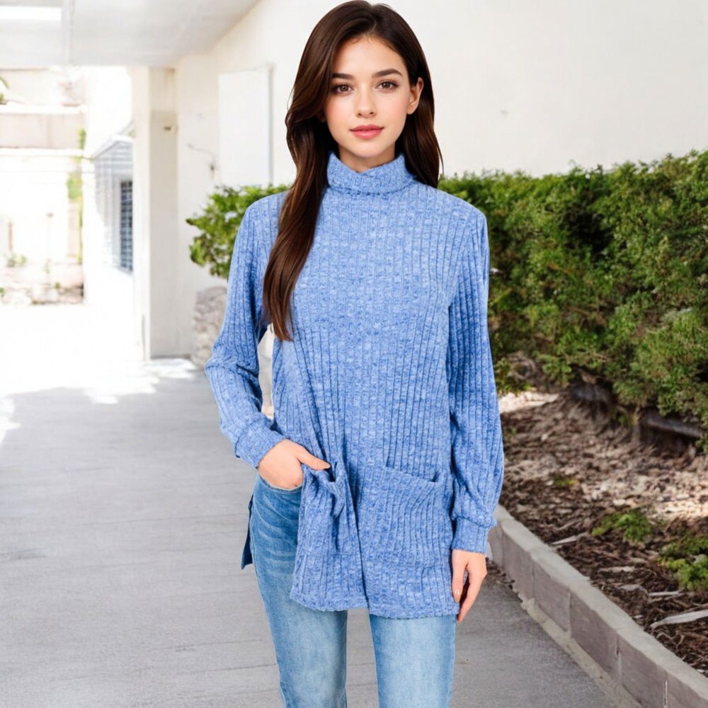 Ribbed Knit Turtleneck Tunic Sweater with Front Pockets