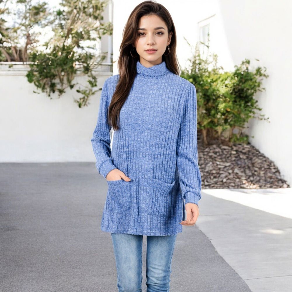 Ribbed Knit Turtleneck Tunic Sweater with Front Pockets