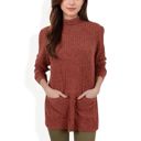 Orange Medium Ribbed Knit Turtleneck Tunic Sweater with Front Pockets