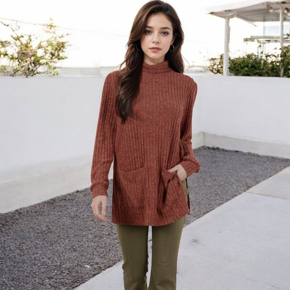 Ribbed Knit Turtleneck Tunic Sweater with Front Pockets