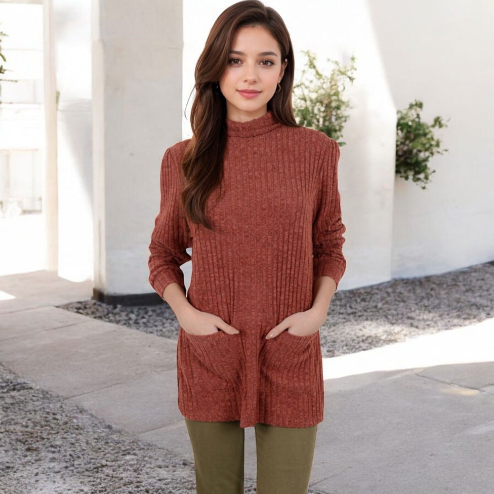 Ribbed Knit Turtleneck Tunic Sweater with Front Pockets