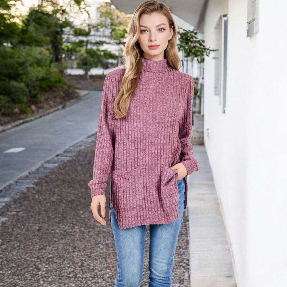 Ribbed Knit Turtleneck Tunic Sweater with Front Pockets