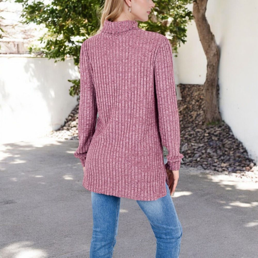 Ribbed Knit Turtleneck Tunic Sweater with Front Pockets