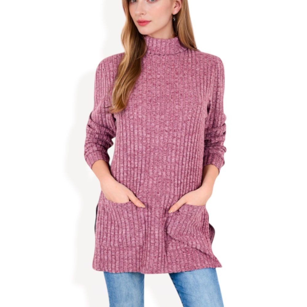 Ribbed Knit Turtleneck Tunic Sweater with Front Pockets