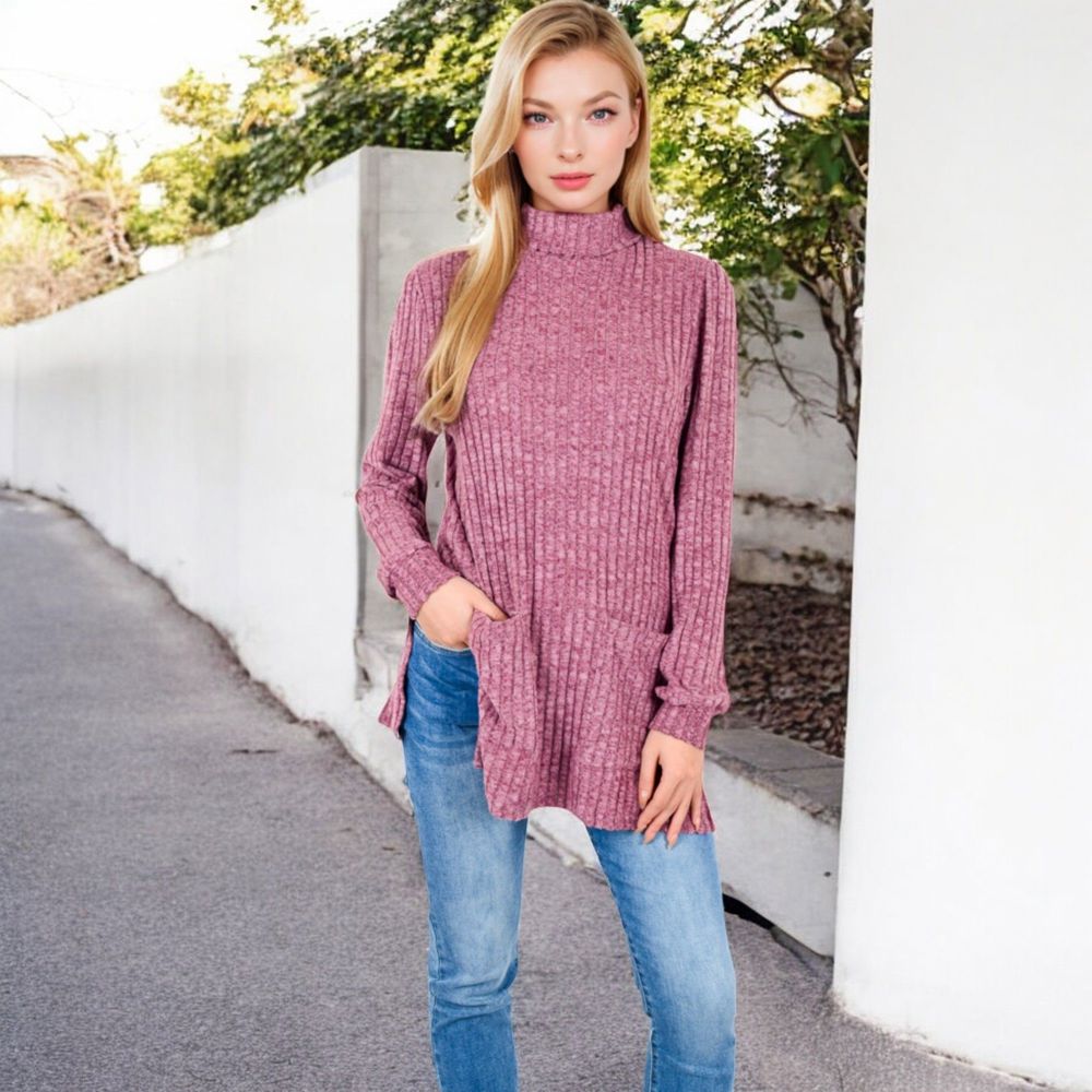 Ribbed Knit Turtleneck Tunic Sweater with Front Pockets