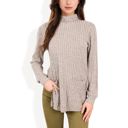 Beige Large Ribbed Knit Turtleneck Tunic Sweater with Front Pockets