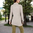 Beige Large Ribbed Knit Turtleneck Tunic Sweater with Front Pockets