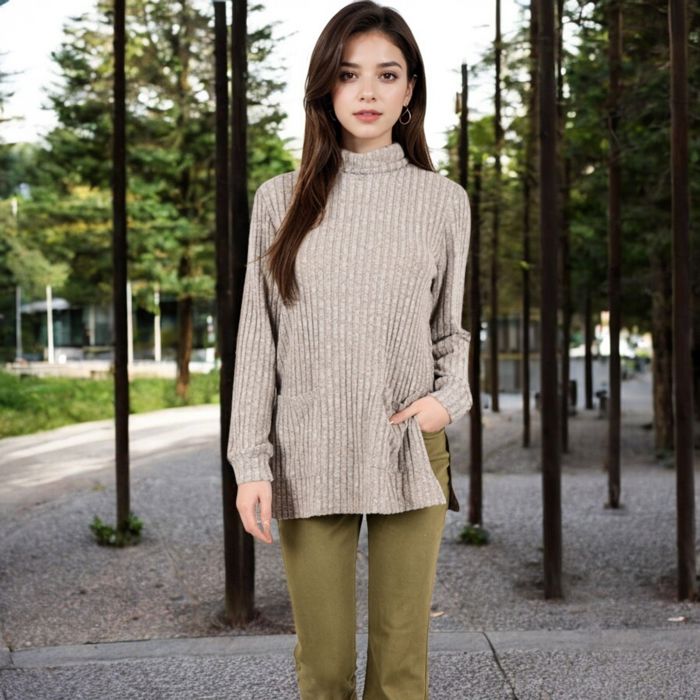 Ribbed Knit Turtleneck Tunic Sweater with Front Pockets