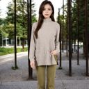 Beige Large Ribbed Knit Turtleneck Tunic Sweater with Front Pockets