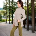 Beige Large Ribbed Knit Turtleneck Tunic Sweater with Front Pockets