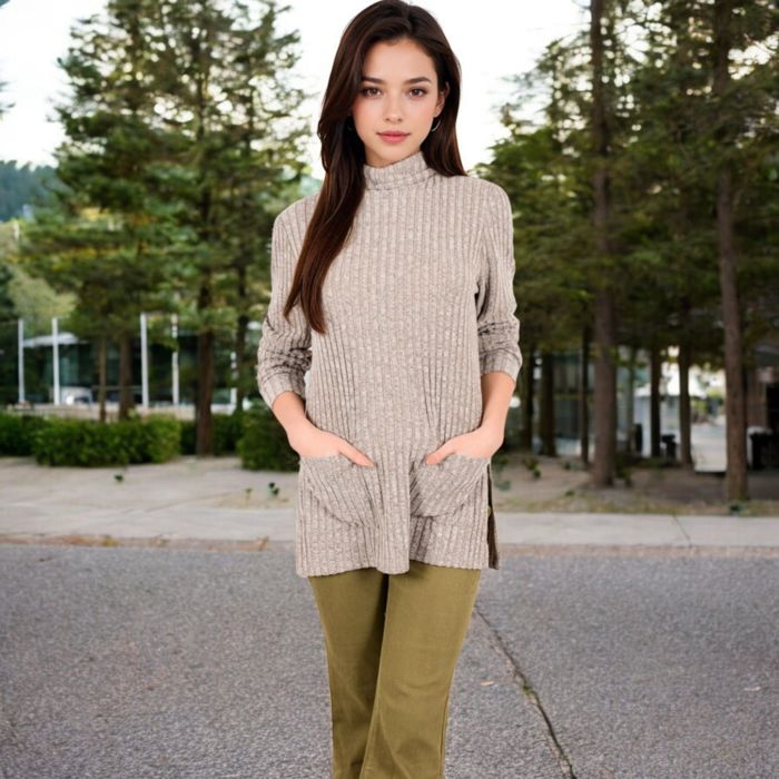 Ribbed Knit Turtleneck Tunic Sweater with Front Pockets