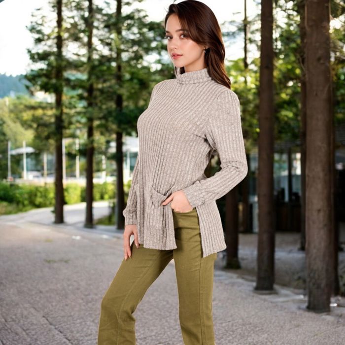 Ribbed Knit Turtleneck Tunic Sweater with Front Pockets