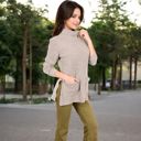 Beige Small Ribbed Knit Turtleneck Tunic Sweater with Front Pockets