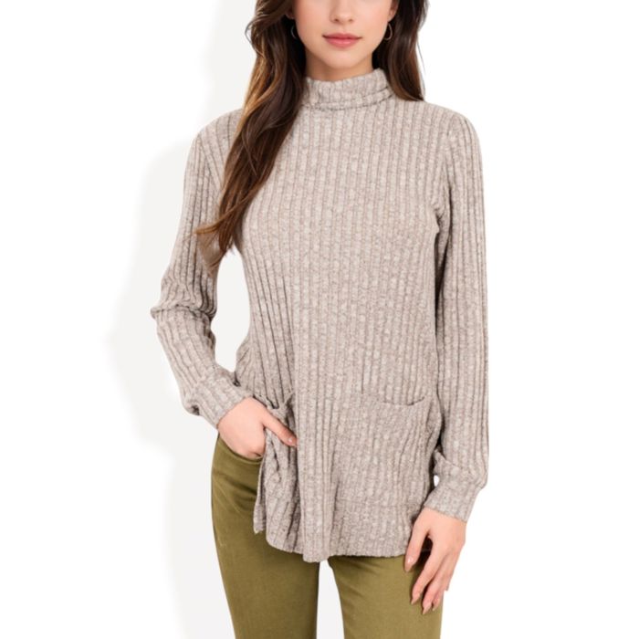 Ribbed Knit Turtleneck Tunic Sweater with Front Pockets