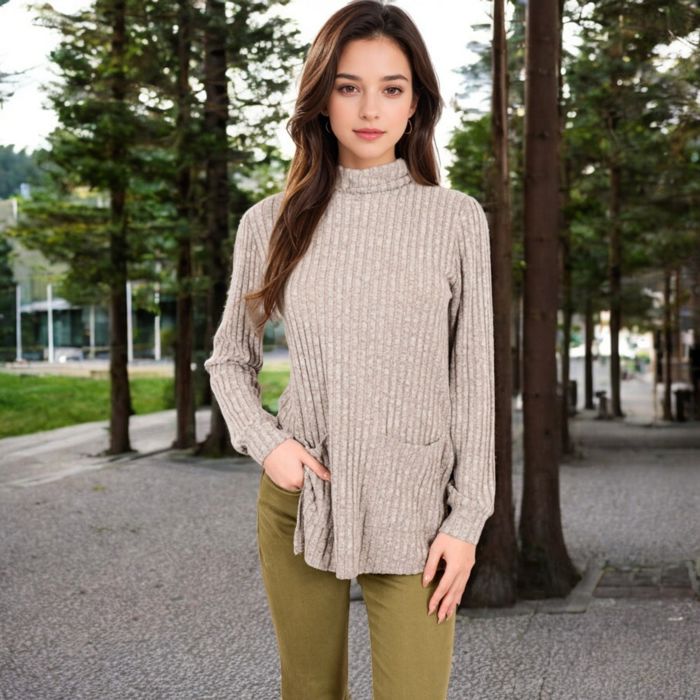 Ribbed Knit Turtleneck Tunic Sweater with Front Pockets