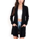 Black Large Open Front Ribbed Knit Cardigan with Front Pockets