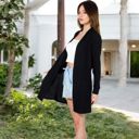 Black Large Open Front Ribbed Knit Cardigan with Front Pockets