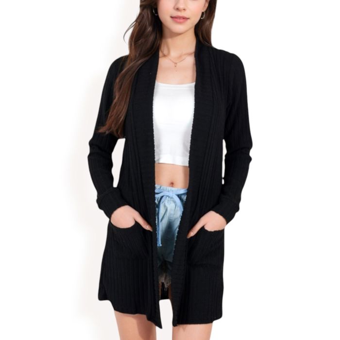 Open Front Ribbed Knit Cardigan with Front Pockets