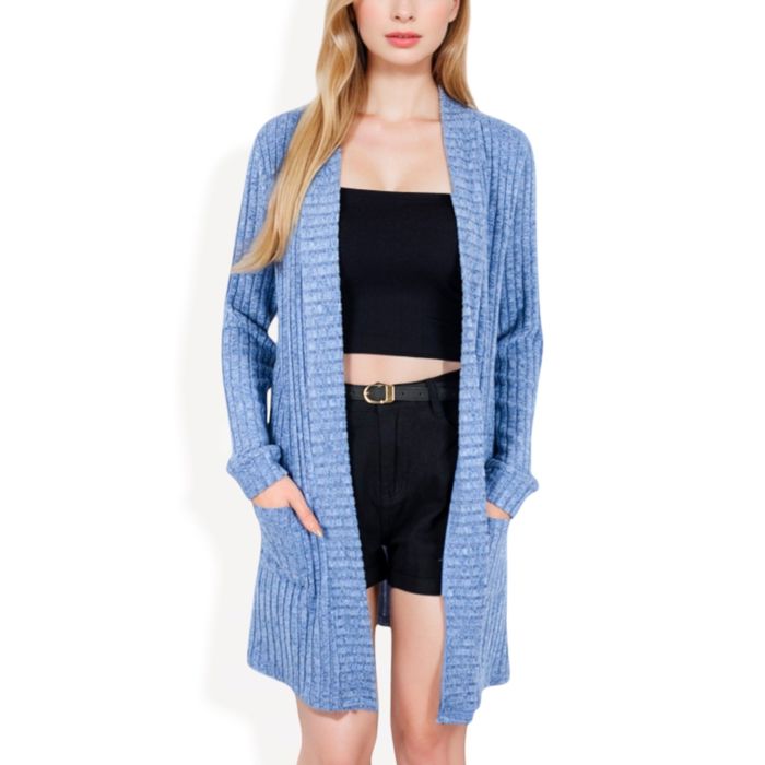 Open Front Ribbed Knit Cardigan with Front Pockets