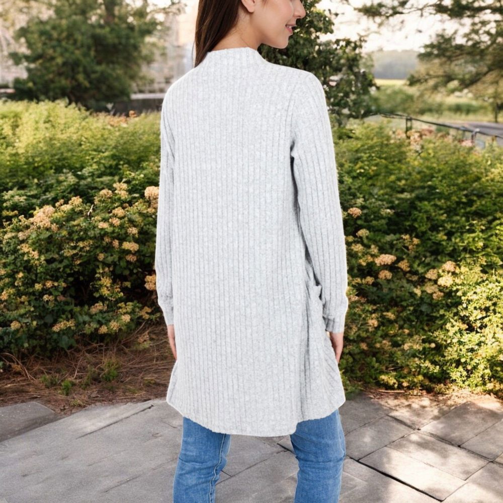 Open Front Ribbed Knit Cardigan with Front Pockets