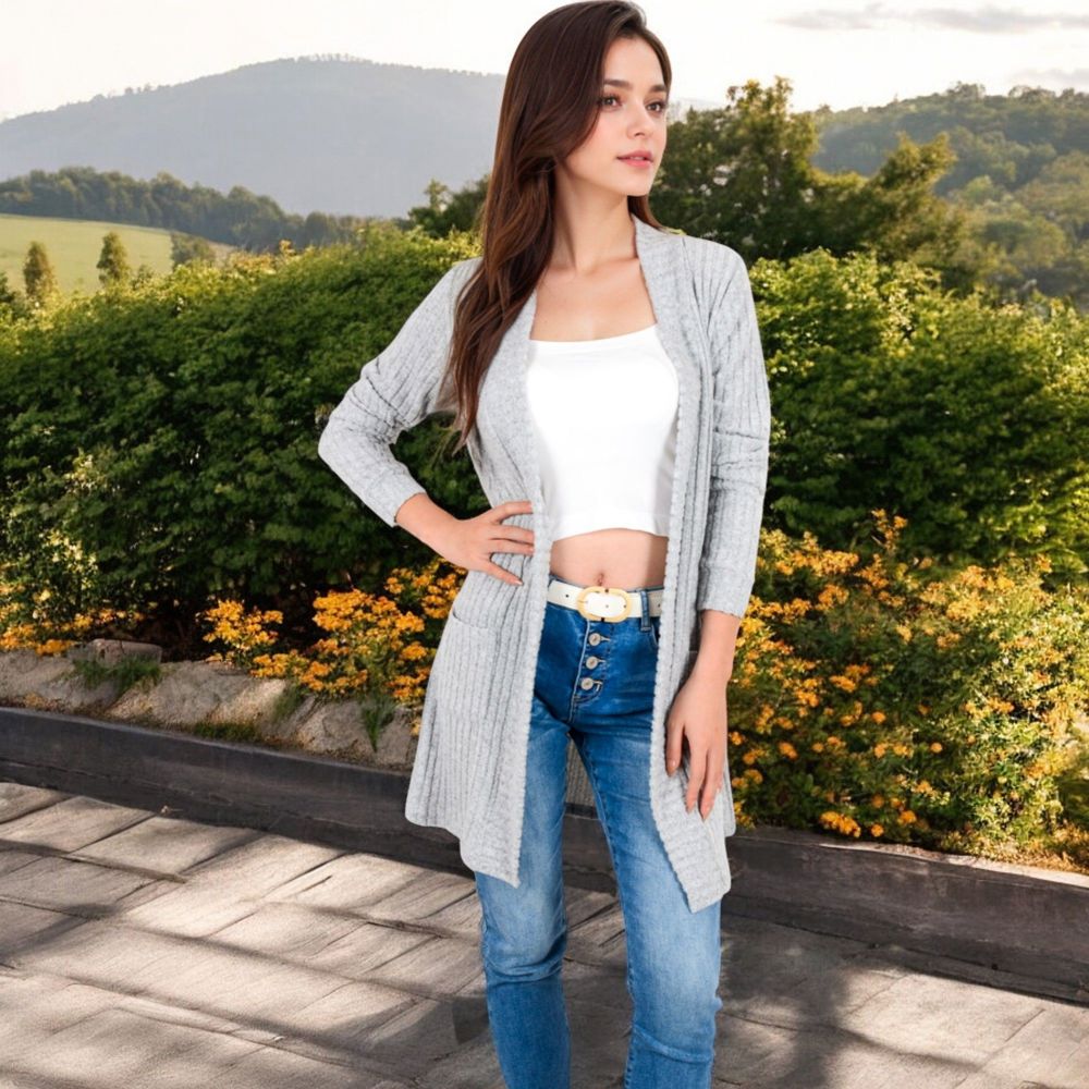 Open Front Ribbed Knit Cardigan with Front Pockets