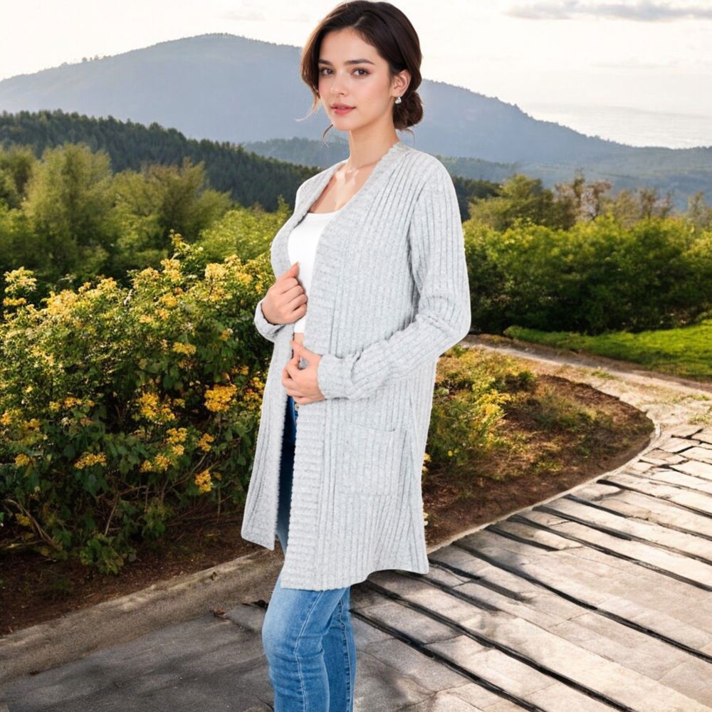 Open Front Ribbed Knit Cardigan with Front Pockets