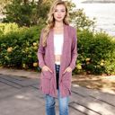 Pink Large Open Front Ribbed Knit Cardigan with Front Pockets