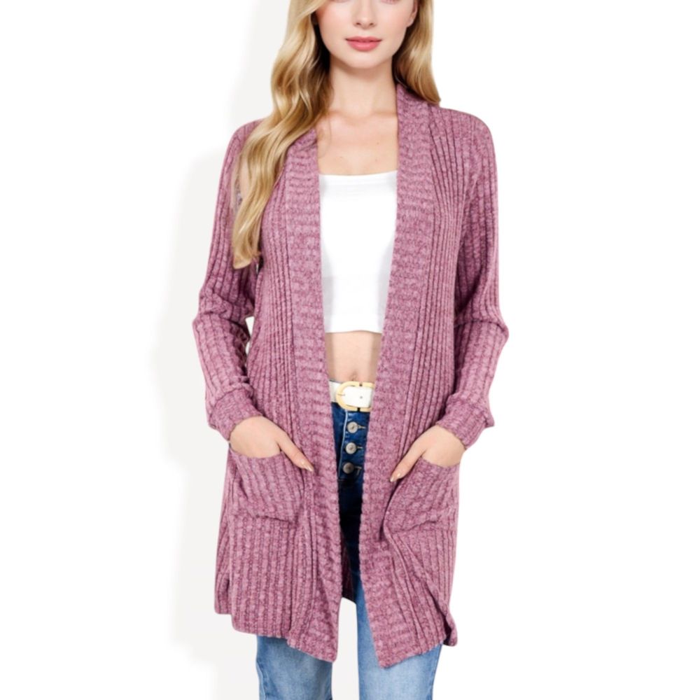 Open Front Ribbed Knit Cardigan with Front Pockets