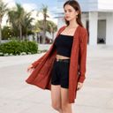 Red Large Open Front Ribbed Knit Cardigan with Front Pockets