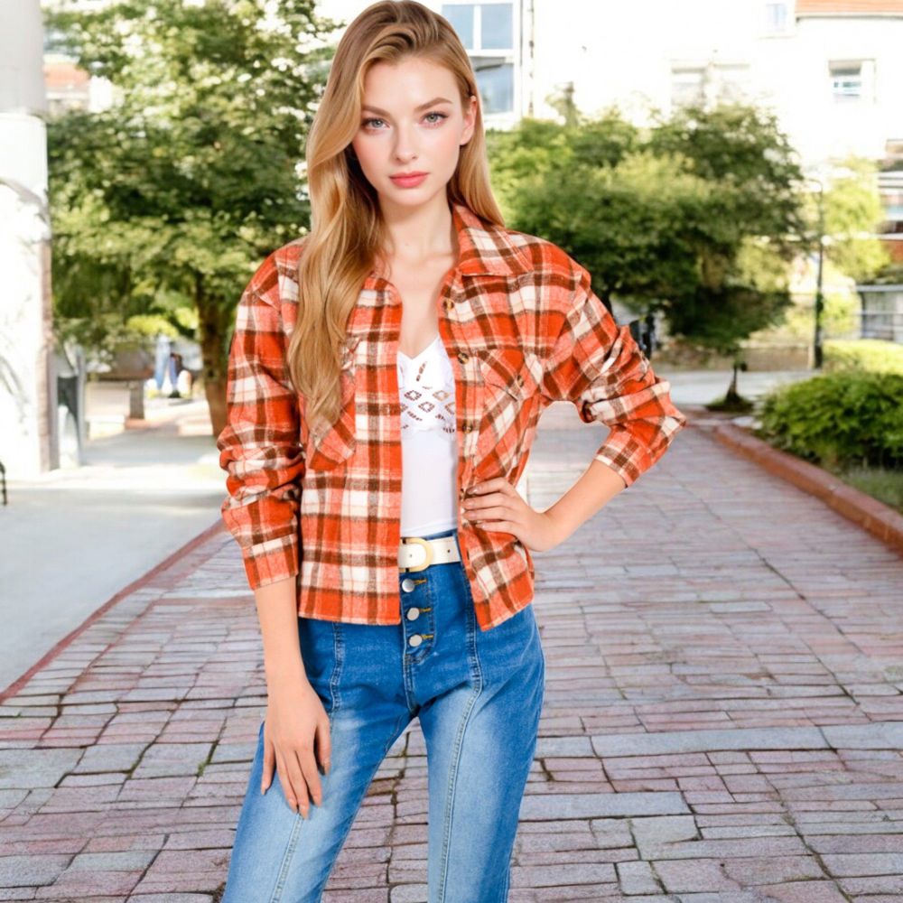 Button-Up Plaid Shirt with Chest Pockets and Long Sleeves