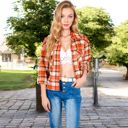 Orange Large Button-Up Plaid Shirt with Chest Pockets and Long Sleeves