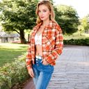 Orange Large Button-Up Plaid Shirt with Chest Pockets and Long Sleeves