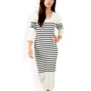  Women's Striped Knit Midi Dress with Long Sleeves and Ribbed Texture