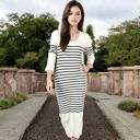 Beige Large Women's Striped Knit Midi Dress with Long Sleeves and Ribbed Texture