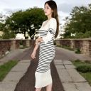 Beige Large Women's Striped Knit Midi Dress with Long Sleeves and Ribbed Texture