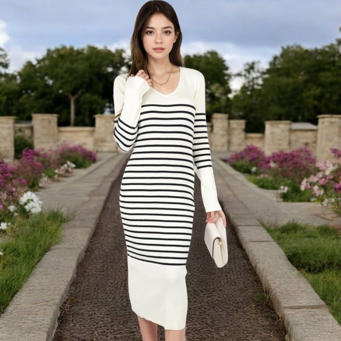 Women's Striped Knit Midi Dress with Long Sleeves and Ribbed Texture