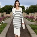 Beige Large Women's Striped Knit Midi Dress with Long Sleeves and Ribbed Texture