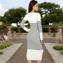 Beige Large Women's Striped Knit Midi Dress with Long Sleeves and Ribbed Texture