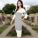 Beige Large Women's Striped Knit Midi Dress with Long Sleeves and Ribbed Texture