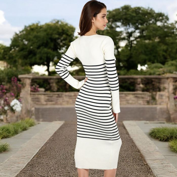 Women's Striped Knit Midi Dress with Long Sleeves and Ribbed Texture