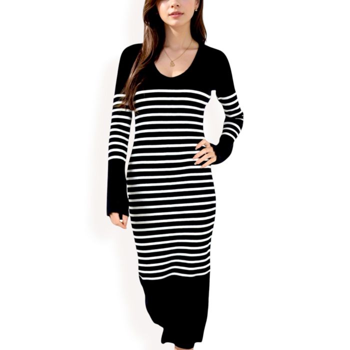 Women's Striped Knit Midi Dress with Long Sleeves and Ribbed Texture